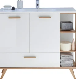 Saphir Badmöbel-Set »Quickset Mineralmarmor-Waschtisch mit LED-Spiegel, 101 cm breit« 4 Stk. tlg.