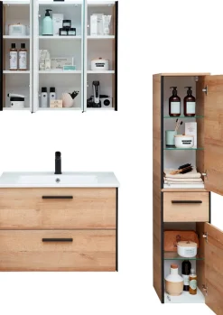 Saphir Badmöbel-Set »Quickset 395 3-teilig, Keramikwaschtisch mit LED-Spiegelschrank« 5 Stk. tlg.