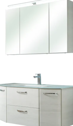 Saphir Badmöbel-Set »Quickset 2-teilig, Glas-Waschtisch mit LED-Spiegelschrank, 5 Türen« Set, 2 Stk. tlg.