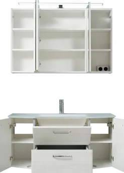 Saphir Badmöbel-Set »Quickset 2-teilig, Glas-Waschtisch mit LED-Spiegelschrank, 5 Türen« Set, 2 Stk. tlg.