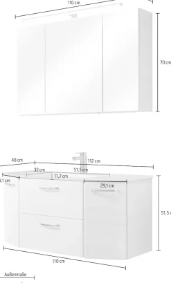 Saphir Badmöbel-Set »Quickset 2-teilig, Glas-Waschtisch mit LED-Spiegelschrank, 5 Türen« Set, 2 Stk. tlg.