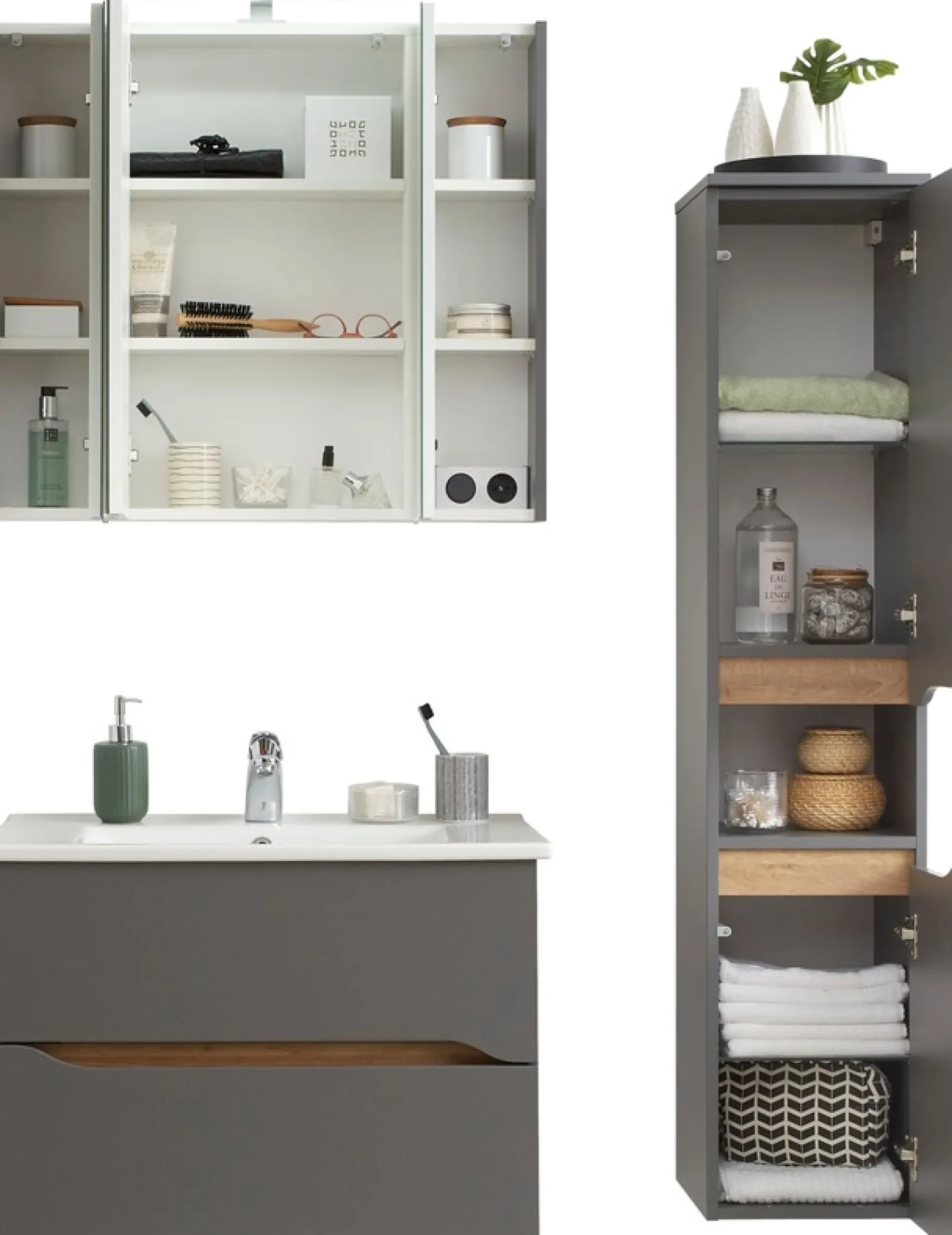 Saphir Badmöbel-Set »Quickset 3-teilig, Keramikwaschtisch mit LED-Spiegelschrank« 3 Stk. tlg.