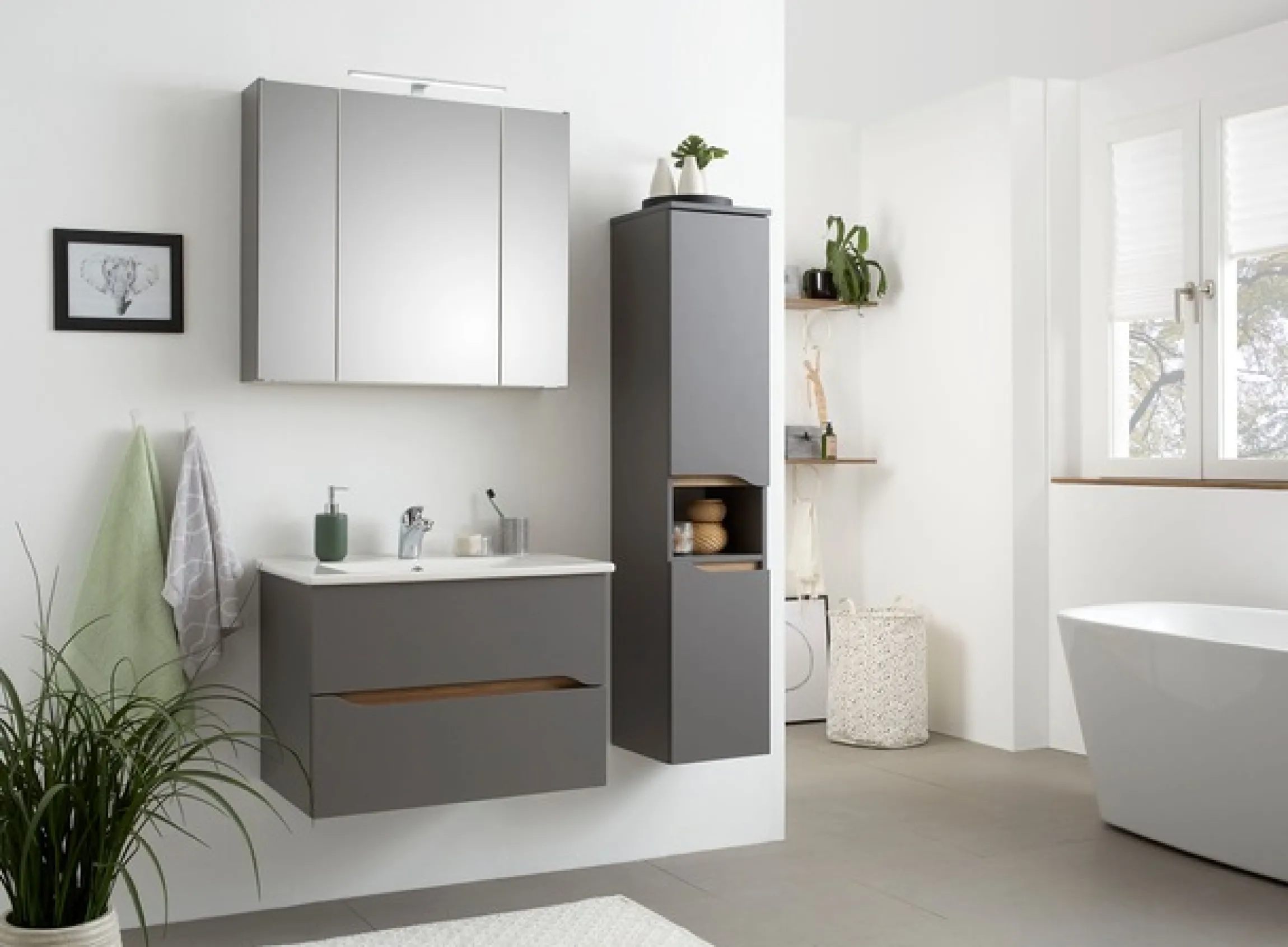 Saphir Badmöbel-Set »Quickset 3-teilig, Keramikwaschtisch mit LED-Spiegelschrank« 3 Stk. tlg.