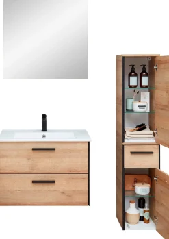Saphir Badmöbel-Set »Quickset 395 3-teilig, Keramikwaschtisch mit LED-Spiegel« 5 Stk. tlg.