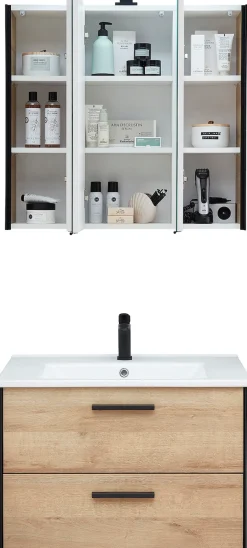 Saphir Badmöbel-Set »Quickset 395 2-teilig, Keramik-Waschtisch mit LED-Spiegelschrank« 2 Stk. tlg.