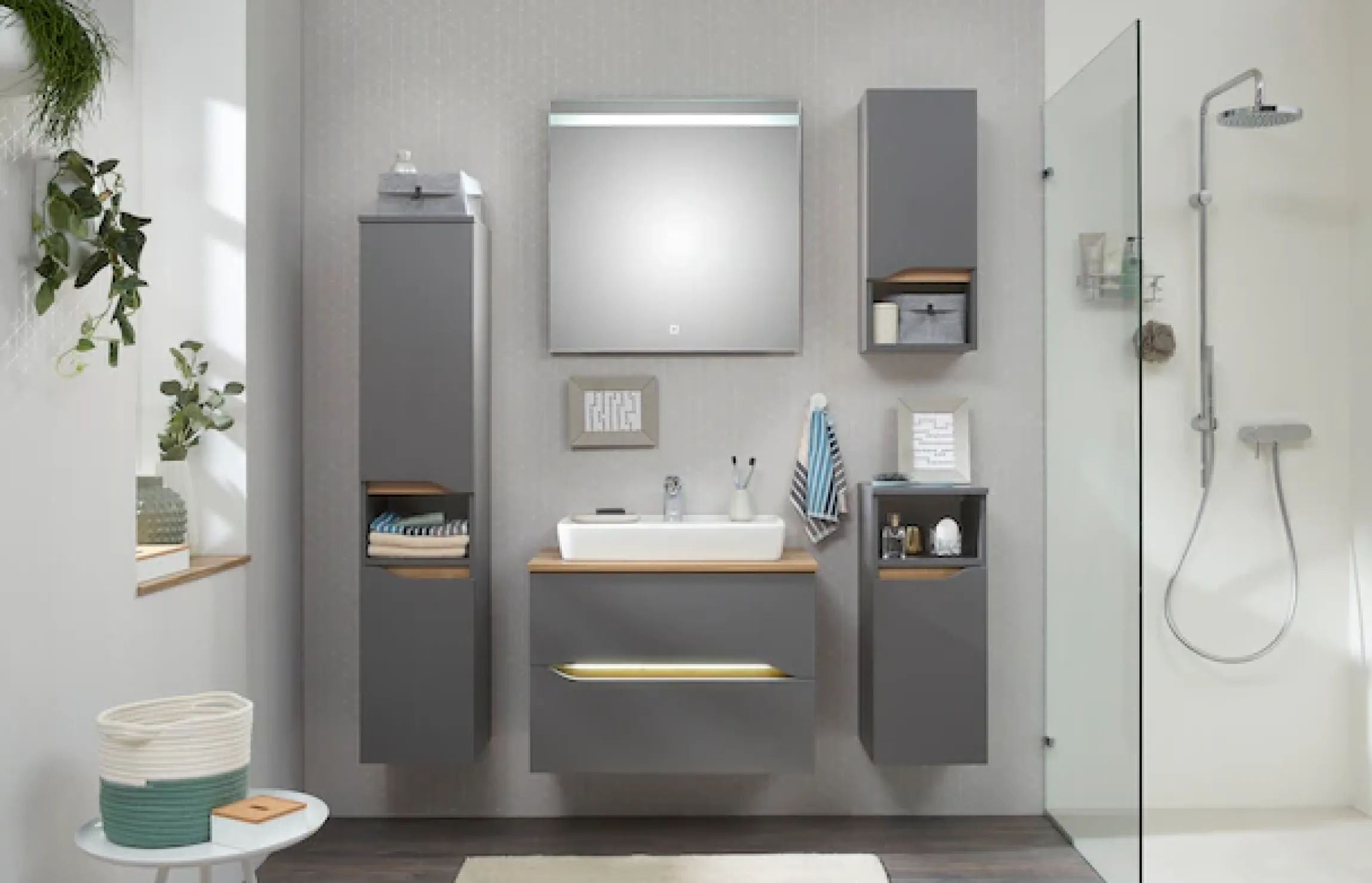 Saphir Badmöbel-Set »Quickset 5-teilig, Keramik-Aufsatzbecken mit LED-Spiegel« 8 Stk. tlg.