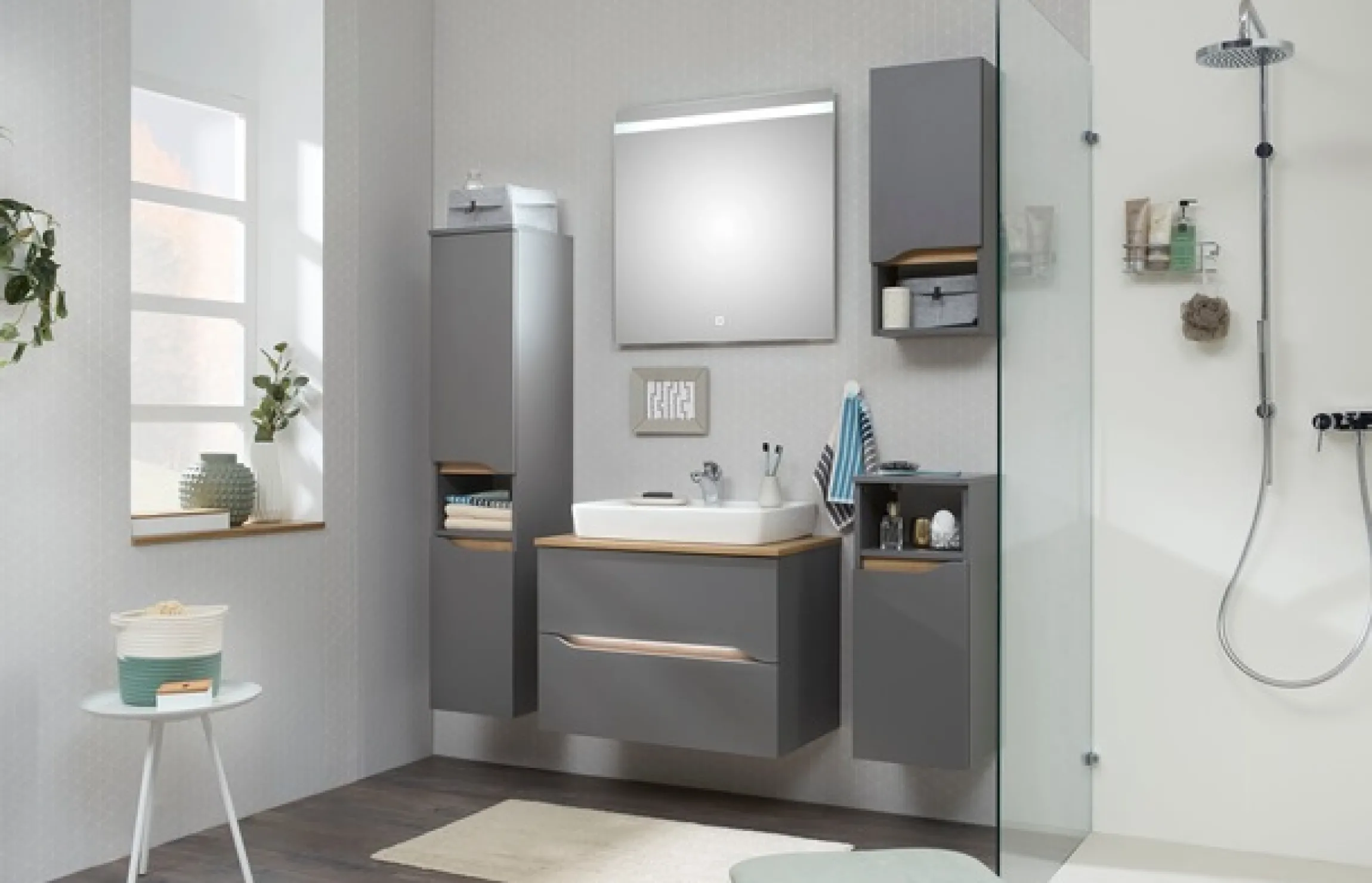 Saphir Badmöbel-Set »Quickset 5-teilig, Keramik-Aufsatzbecken mit LED-Spiegel« 8 Stk. tlg.
