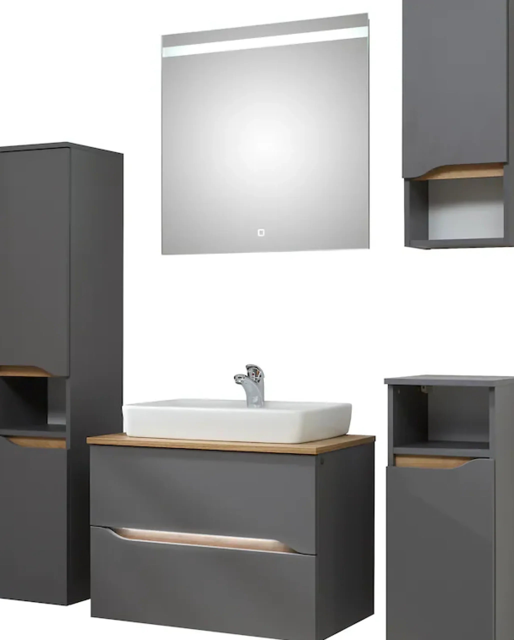 Saphir Badmöbel-Set »Quickset 5-teilig, Keramik-Aufsatzbecken mit LED-Spiegel« 8 Stk. tlg.