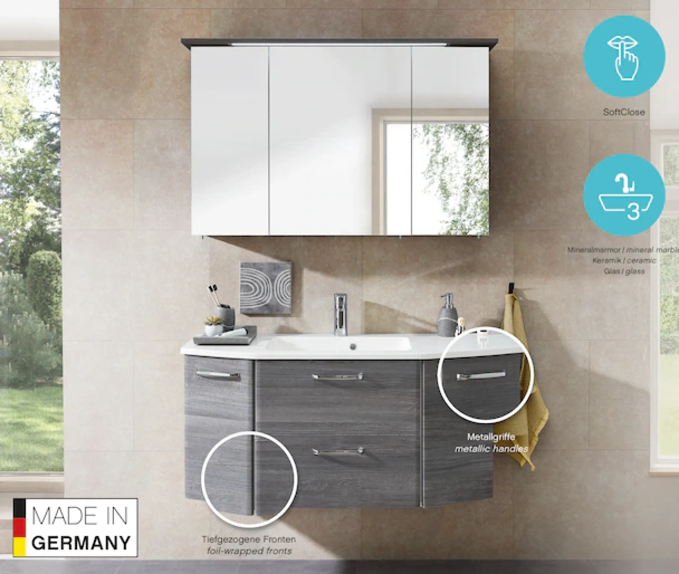 Saphir Badmöbel-Set »Quickset 2-teilig, Mineralmarmor-Waschtisch mit LED-Spiegelschrank« 2 Stk. tlg.