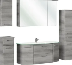 Saphir Badmöbel-Set »Quickset 5-teilig Glas-Waschtisch mit LED-Spiegelschrank, Bad-Set« 6 Stk. tlg.