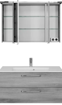 Saphir Badmöbel-Set »Trentino 2-tlg Mineralmarmor-Waschtisch, Spiegelschrank mit LED-Profil« 3 Stk. tlg.