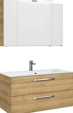 Saphir Badmöbel-Set »Trentino 2-teilig Glas-Waschtisch, Spiegelschrank mit LED-Leuchte« 3 Stk. tlg.