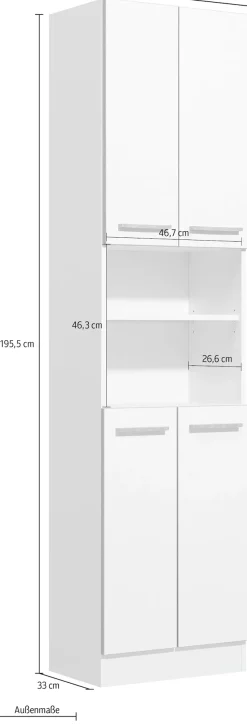 Saphir Hochschrank »Quickset 953 Badschrank 50 cm breit, 4 Türen, Nische, 3 Einlegeböden« Badezimmer-Hochschrank, Weiß Glanz, Griffe in Betonoptik