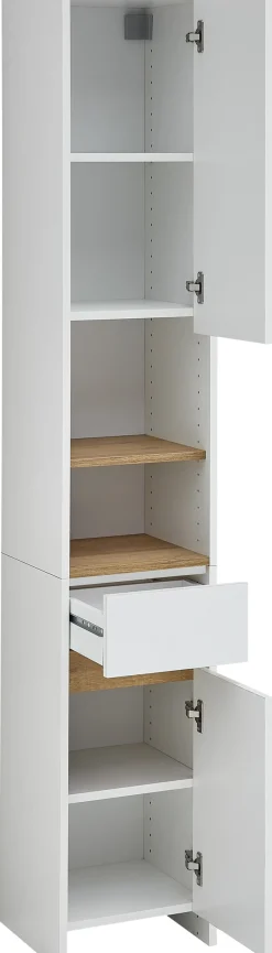 Saphir Hochschrank »Quickset 100, Badschrank 32,4 cm, 2 Türen und 1 Schublade« 3 Einlegeböden, 2 offene Fächer, Badezimmer-Hochschrank, Akzentfuge