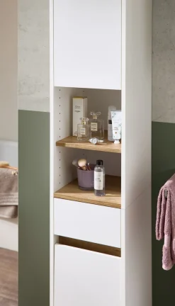 Saphir Hochschrank »Quickset 100, Badschrank 32,4 cm, 2 Türen und 1 Schublade« 3 Einlegeböden, 2 offene Fächer, Badezimmer-Hochschrank, Akzentfuge