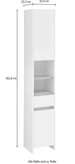 Saphir Hochschrank »Quickset 100, Badschrank 32,4 cm, 2 Türen und 1 Schublade« 3 Einlegeböden, 2 offene Fächer, Badezimmer-Hochschrank, Akzentfuge