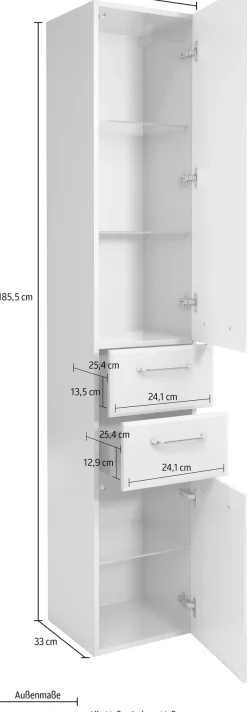 Saphir Hochschrank »Quickset Badschrank 35 cm breit, 2 Türen, 2 Schubladen, 3 Einlegeböden« Badezimmer-Hochschrank inkl. Türdämpfer, Griffe in Chrom glänzend
