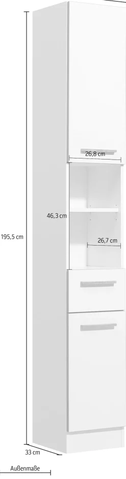 Saphir Hochschrank »Quickset 953 Badschrank 30 cm breit, 2 Türen, Nische, 1 Schublade« Badezimmer-Hochschrank, Weiß Glanz, Griffe in Betonoptik