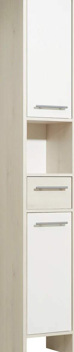 Saphir Hochschrank »Quickset 350 Badschrank 33 cm breit, 2 Türen, 1 Schublade, 1 Nische« 1 Stk. tlg. Badezimmer-Hochschrank, Pinie Ida hell, Griffe alufarbig