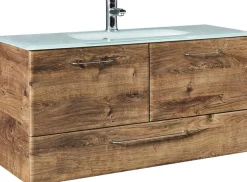 Saphir Waschtisch »Quickset Glaswaschtisch mit Unterschrank, 99 cm breit, Waschplatz« Griffe in Chrom Glanz, inkl. Türdämpfer, 2 Türen, 1 Schublade