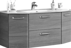 Saphir Waschtisch »Quickset Waschplatz inkl. Glaswaschtisch, 112 cm breit, 2 Türen« Unterschrank mit Waschbecken, inkl. Türdämpfer, Griffe Chrom Glanz