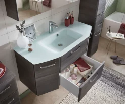 Saphir Waschtisch »Quickset Waschplatz inkl. Glaswaschtisch, 112 cm breit, 2 Türen« Unterschrank mit Waschbecken, inkl. Türdämpfer, Griffe Chrom Glanz