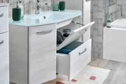 Saphir Waschtisch »Quickset Waschplatz inkl. Glaswaschtisch, 112 cm breit, 2 Türen« Unterschrank mit Waschbecken, inkl. Türdämpfer, Griffe Chrom Glanz