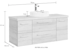 Saphir Waschtisch »Serie 4035 Keramik-Aufsatzbecken mit Unterschrank, 118 cm breit« Waschplatz, 4 Schubladen, 1 Tür, inkl. Türdämpfer, Griff Chrom Glanz