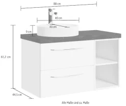 Saphir Waschtisch »Serie 4035 Keramik-Aufsatzbecken mit Unterschrank, 88 cm breit« Waschplatz mit 2 Schubladen, Regalfächer, Griffe in Chrom Glanz