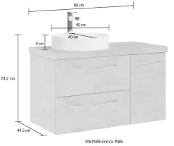 Saphir Waschtisch »Serie 4035 Keramik-Aufsatzbecken mit Unterschrank, 88 cm breit« Waschplatz, 2 Schubladen, 1 Tür, inkl. Türdämpfer, Griff Chrom Glanz