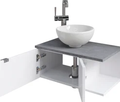 Saphir Waschtisch »Serie 6915 Waschschale mit Unterschrank für Gästebad, Gäste WC« Keramik-Aufsatzbecken, Waschtischplatte, Waschtischunterschrank, 3 Stk. tlg. 61 cm breit, 2 Türen, offenes Fach, kleine Bäder, ohne Armatur