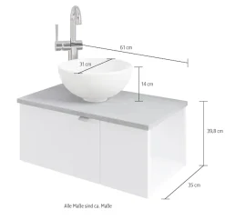 Saphir Waschtisch »Serie 6915 Waschschale mit Unterschrank für Gästebad, Gäste WC« Keramik-Aufsatzbecken, Waschtischplatte, Waschtischunterschrank, 3 Stk. tlg. 61 cm breit, 2 Türen, offenes Fach, kleine Bäder, ohne Armatur