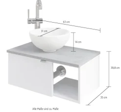 Saphir Waschtisch »Serie 6915 Waschschale mit Unterschrank für Gästebad, Gäste WC« Keramik-Aufsatzbecken, Waschtischplatte, Waschtischunterschrank, 3 Stk. tlg. 61 cm mit Keramik-Aufsatzbecken, 1 Tür und 1 Fach