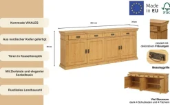 Sideboard Massivholz, Messinggriffe im Jugendstil, Zierleisten, eleganter Sockel