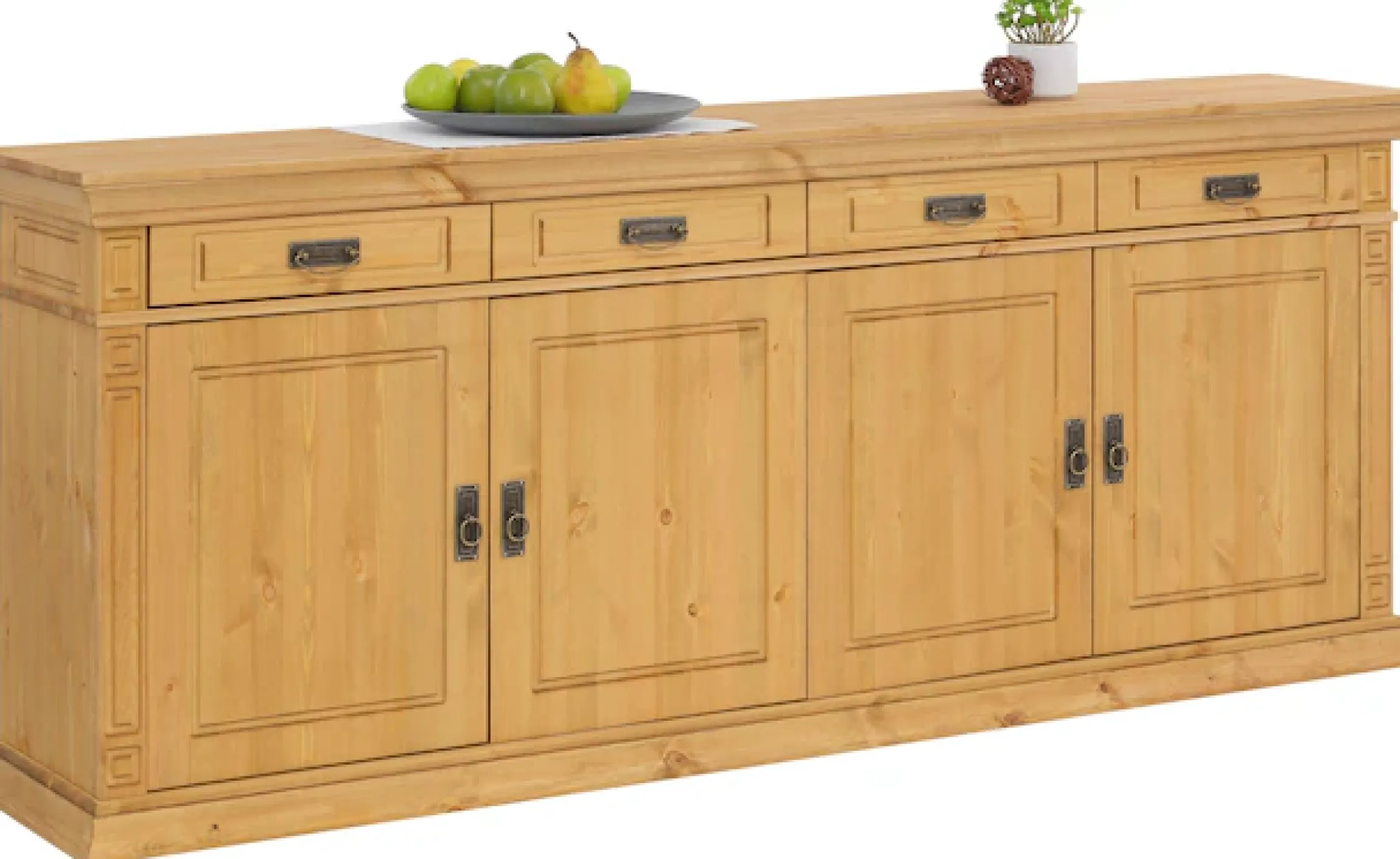 Sideboard Massivholz, Messinggriffe im Jugendstil, Zierleisten, eleganter Sockel