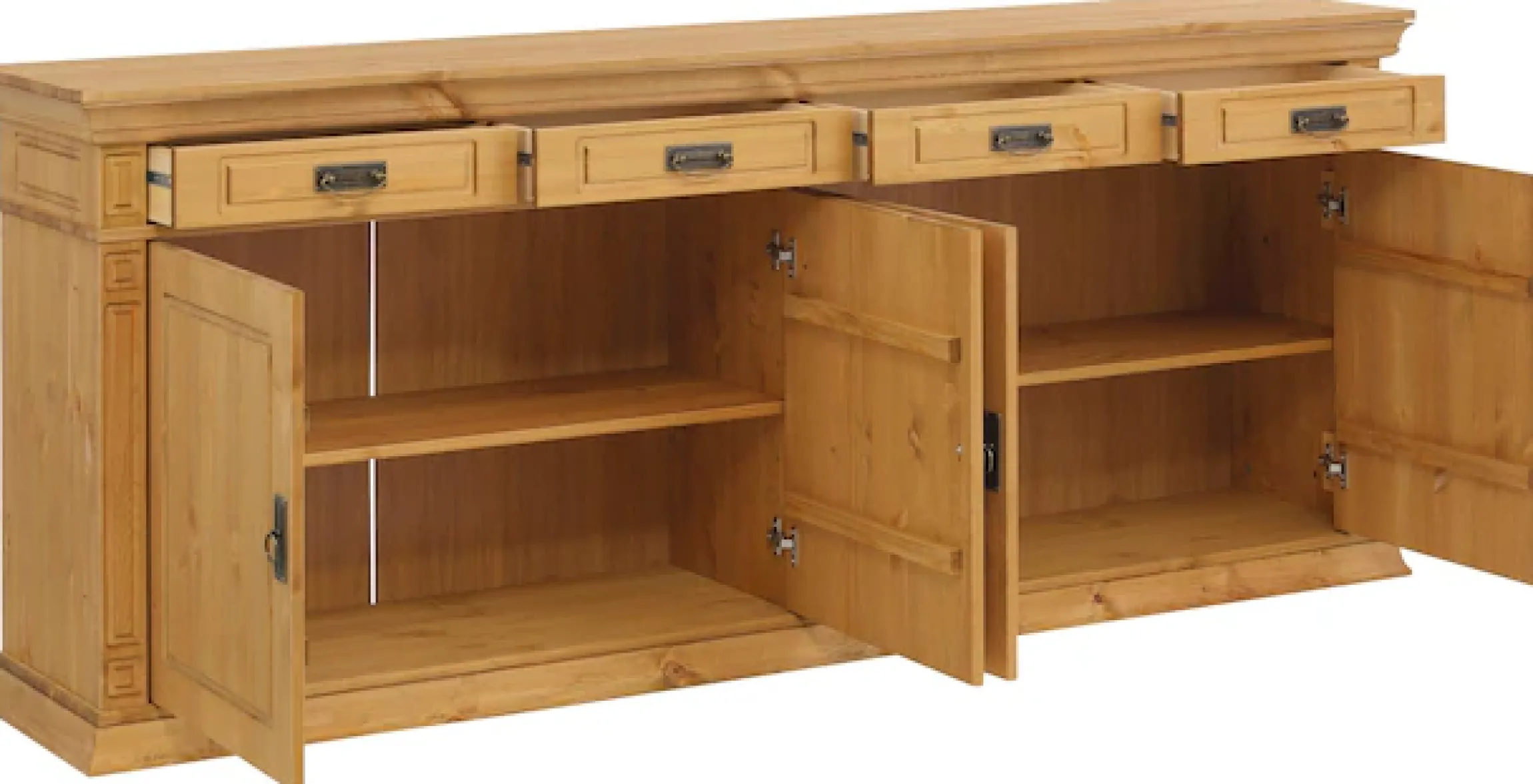 Sideboard Massivholz, Messinggriffe im Jugendstil, Zierleisten, eleganter Sockel