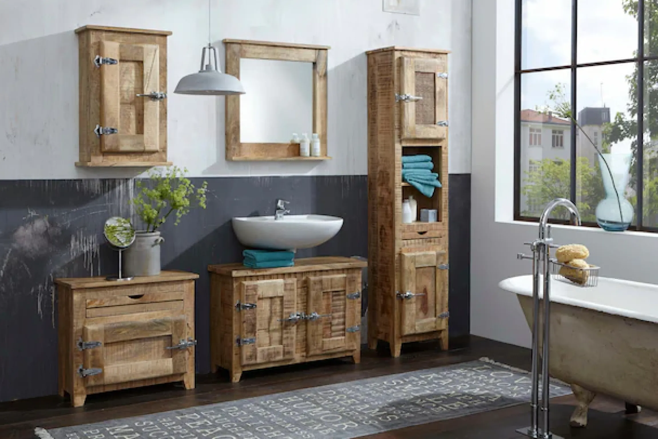 SIT Badkommode »FRIGO Mangoholz mit Tür & Schublade im Antik-Look« Rustikales Design mit markanten Kühlschrankgriffen