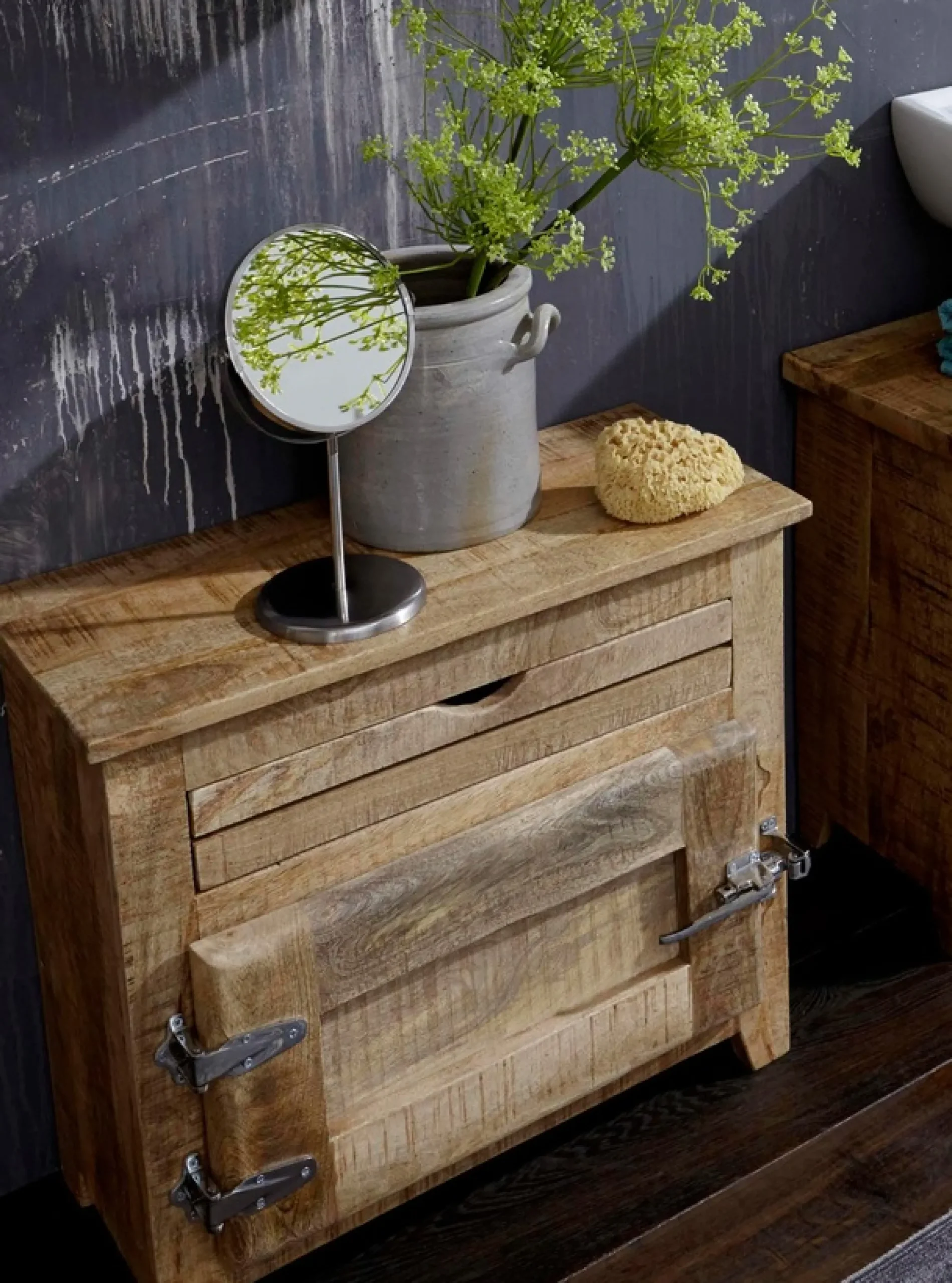 SIT Badkommode »FRIGO Mangoholz mit Tür & Schublade im Antik-Look« Rustikales Design mit markanten Kühlschrankgriffen