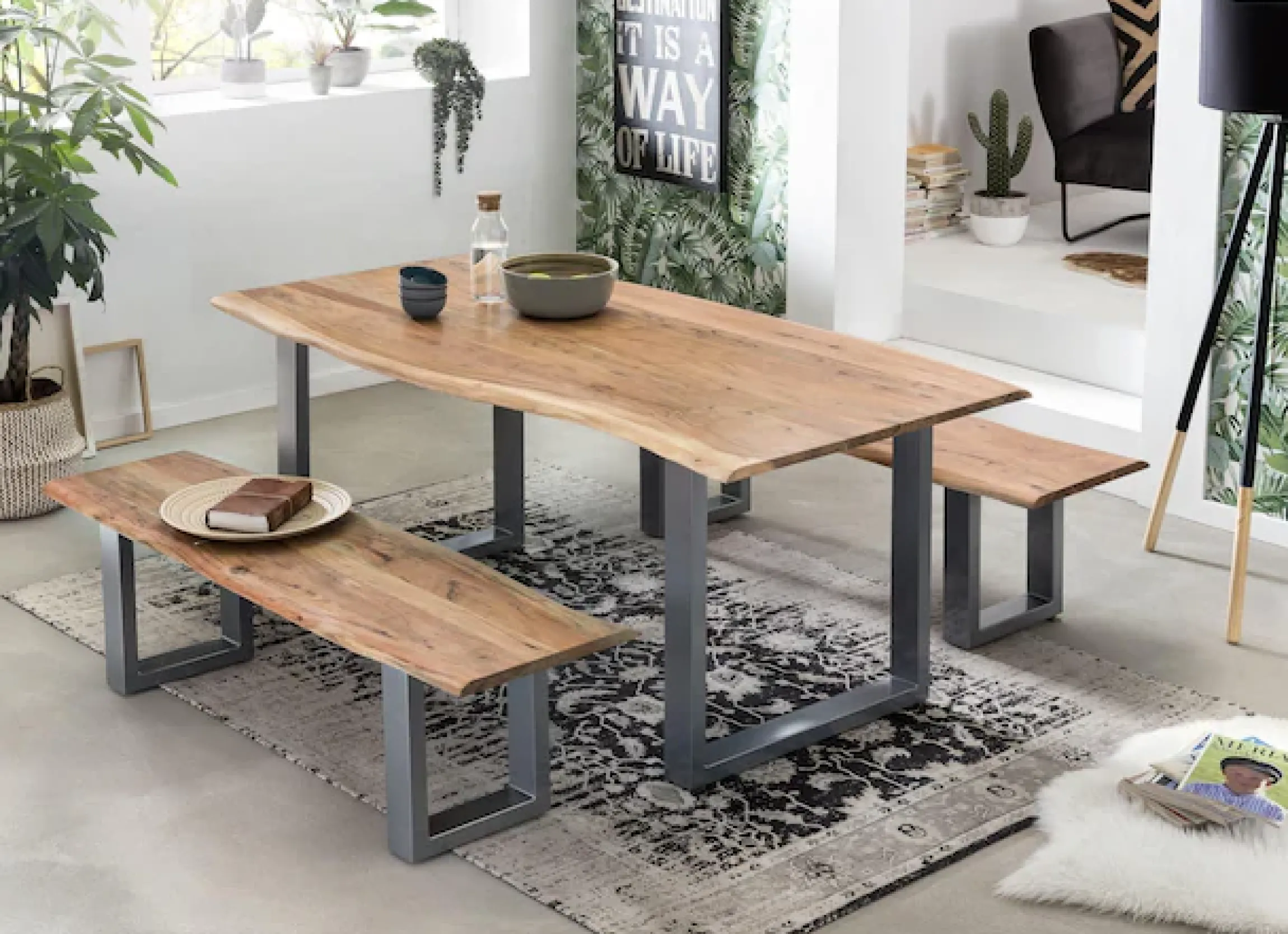SIT Esstisch »Akazienholz Massivholz mit Baumkante & Stahlgestell« Naturbelassene Baumkante trifft auf modernes U-Stahlgestell