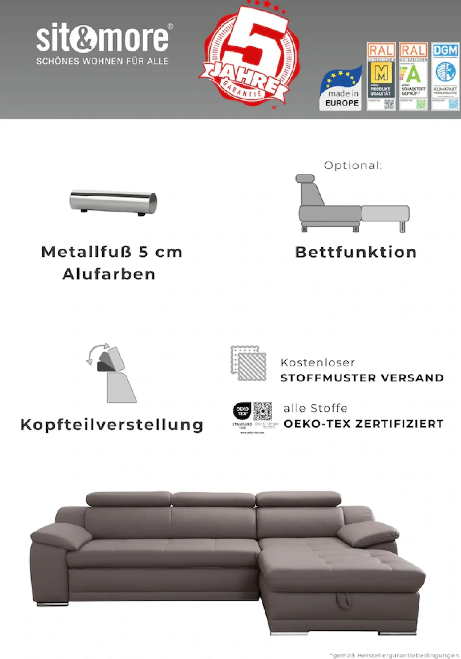 sit&more Ecksofa »Andiamo L-Form« wahlweise mit Schlaffunktion, inklusive Kopfteilverstellung