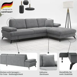sit&more Ecksofa »Morris L-Form« mit Schlaffunktion, XXL-Sitzfläche, Armteilverstellung & Zierkissen