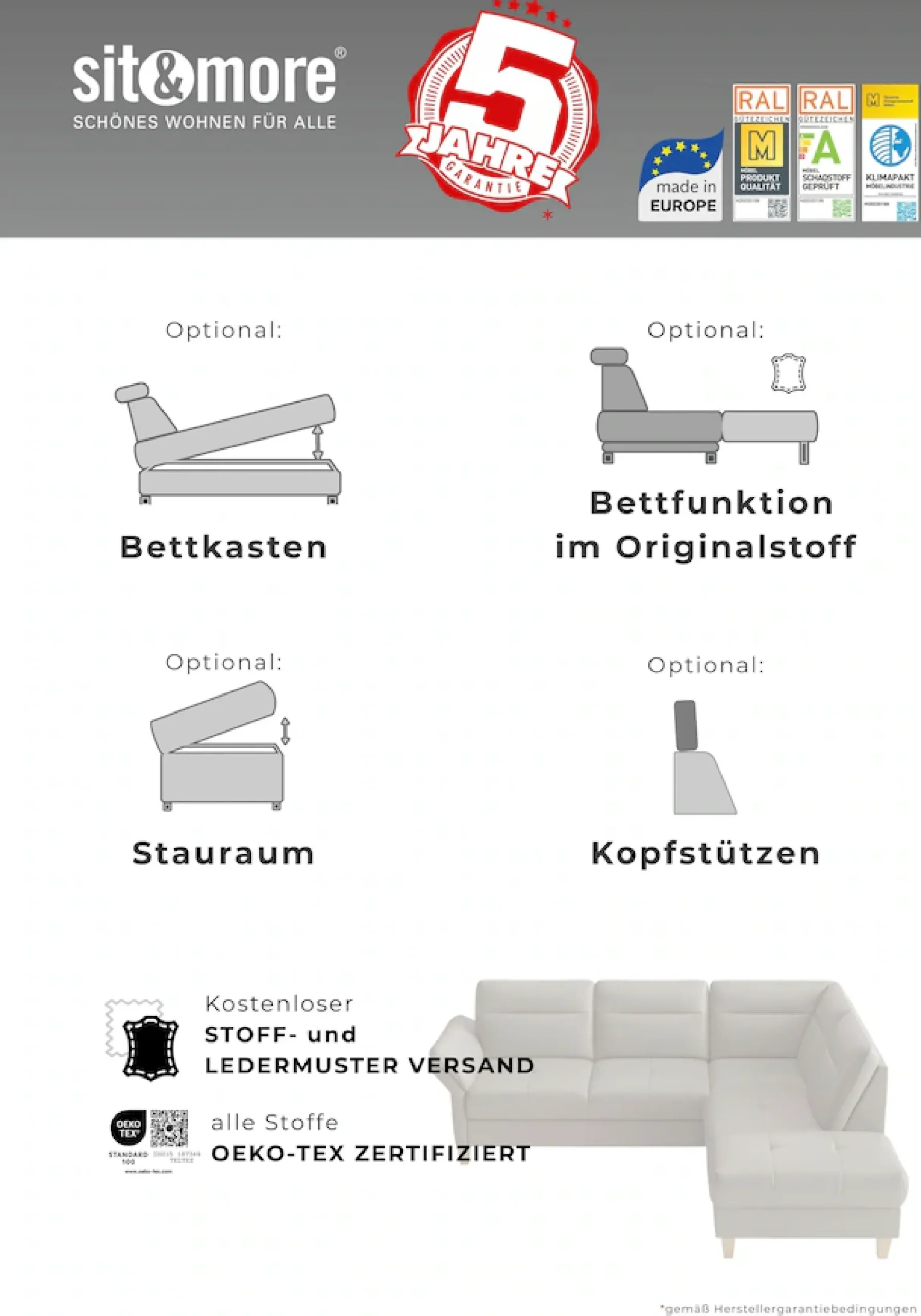 sit&more Ecksofa »Pamela L-Form, Leder, B: 218 und 230 cm« optional Armteilverstellung, Schlaffunktion & Bettkasten