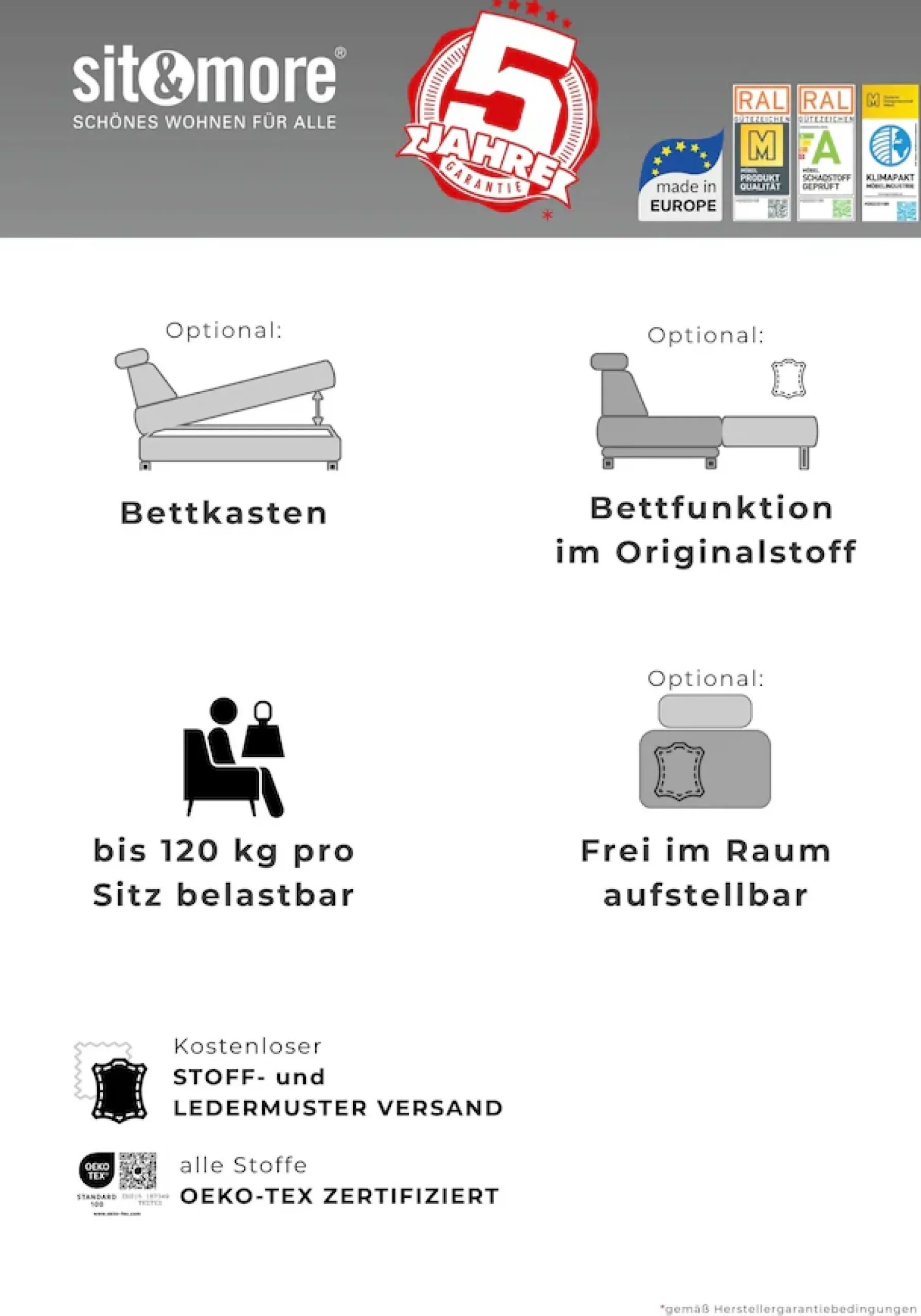 sit&more Ecksofa »Vanity L-Form, B: 254 cm, Leder« Inkl.Sitz-,Kopf-und Armteilverstellung