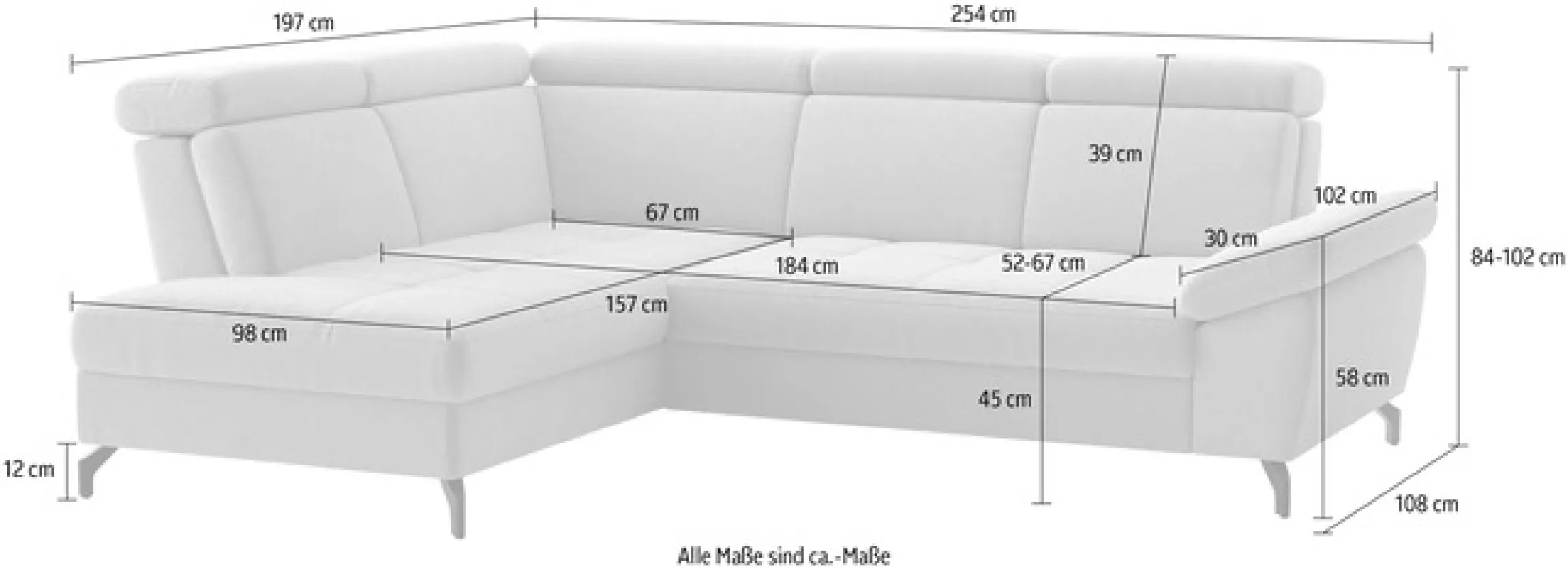 sit&more Ecksofa »Vanity; L-Form, B. 254 cm« Inkl.Sitz-,Kopf-und Armteilverstellung