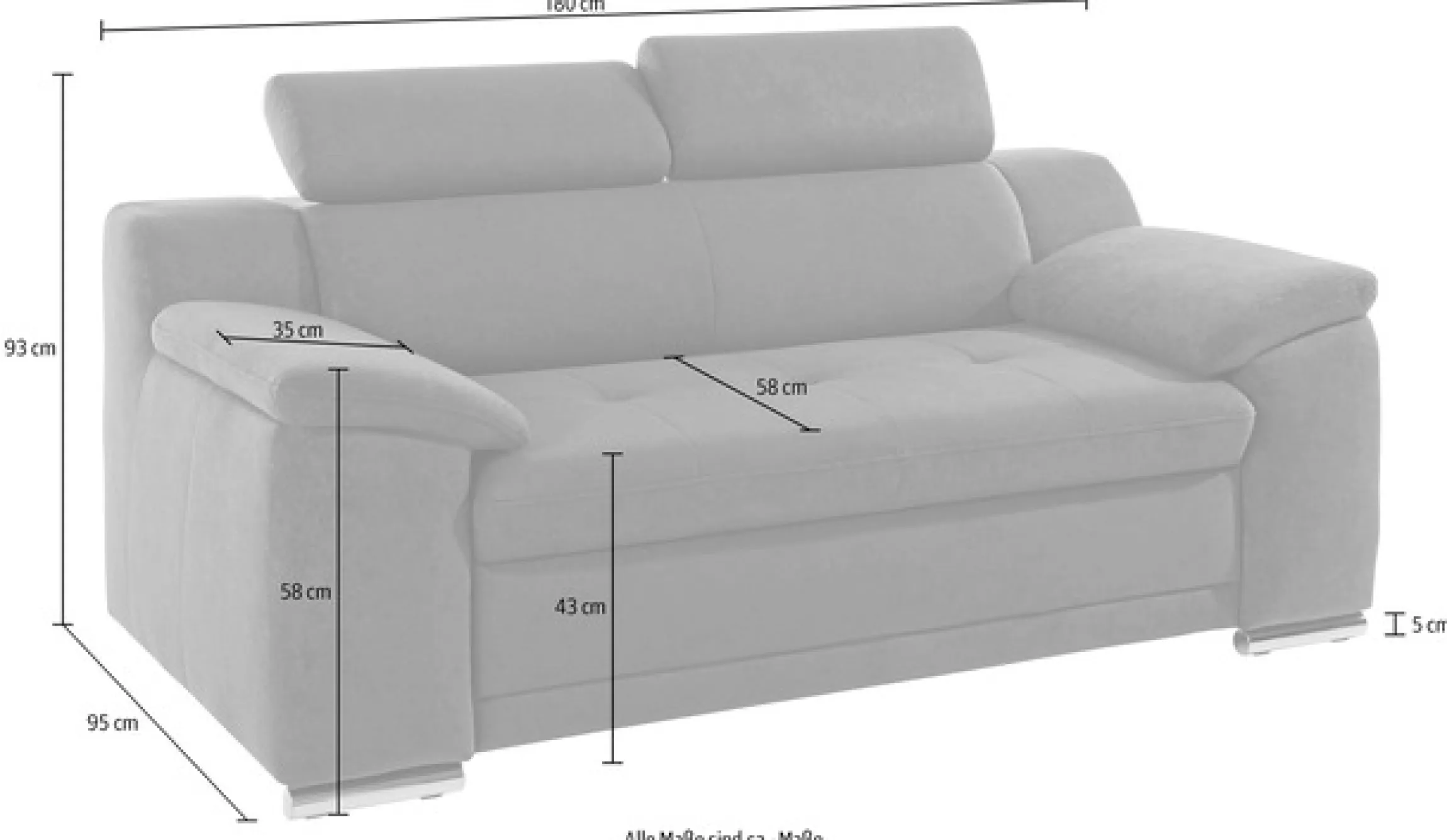 sit&more 2-Sitzer »Andiamo, B: 180 cm, Kopfteilverstellung, komfortable Sitzhöhe 43 cm« Frei im Raum stellbar, hochwertige Verarbeitung, stilvolles Design