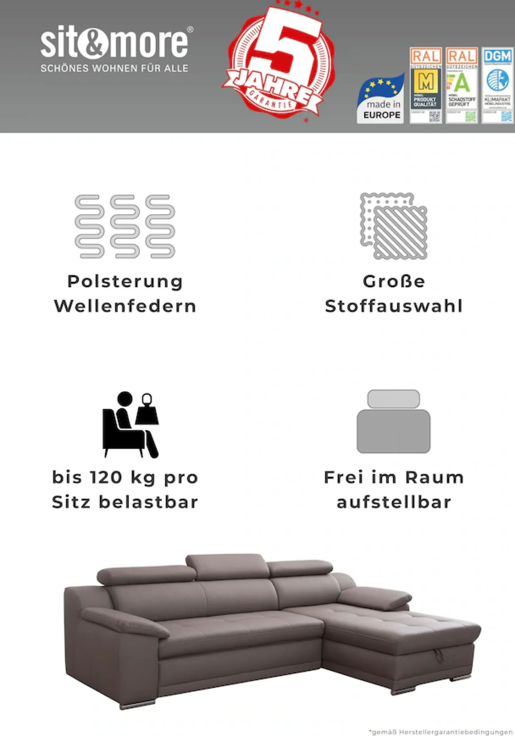 sit&more 2-Sitzer »Andiamo, B: 180 cm, Kopfteilverstellung, komfortable Sitzhöhe 43 cm« Frei im Raum stellbar, hochwertige Verarbeitung, stilvolles Design
