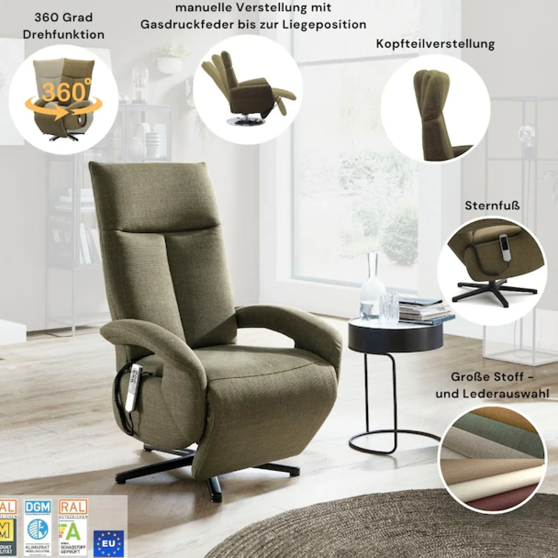 sit&more TV-Sessel »Zoe, inkl. Kopfteilverstellung & 360° Drehfunktion« wahlweise mit 2 Motoren, Akku & Aufstehhilfe