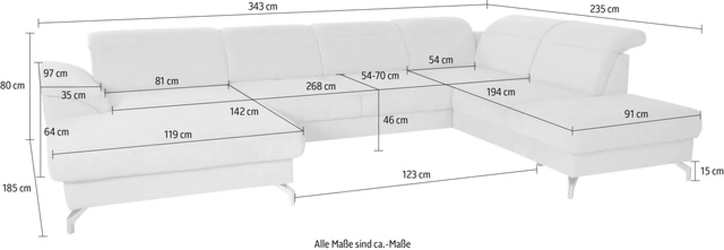 sit&more Wohnlandschaft »Percy U-Form« 15 cm Fußhöhe, Sitztiefenverstellung, wahlweise in 2 Fußfarben