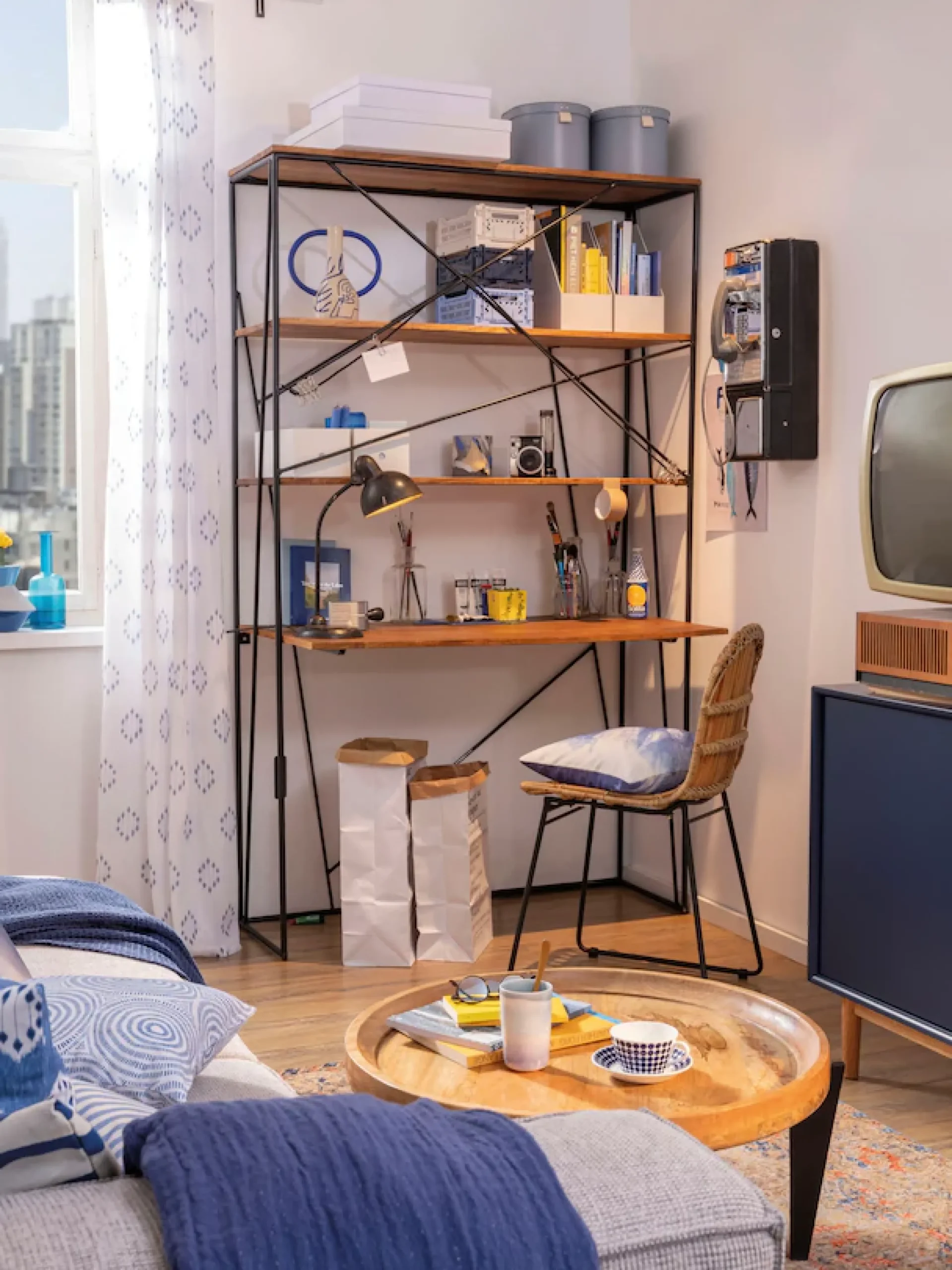 SIT Sekretär »T-NEST SHELF OFFICE aus Mangoholz mit Metallregal Industrial« Offenes Regal mit integrierter Schreibfläche im Industrial-Design