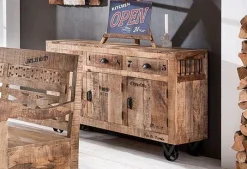 SIT Sideboard »RUSTIC aus Mangoholz mit Türen & Schubladen« Mobil auf Metallrollen im authentischen Factory-Design